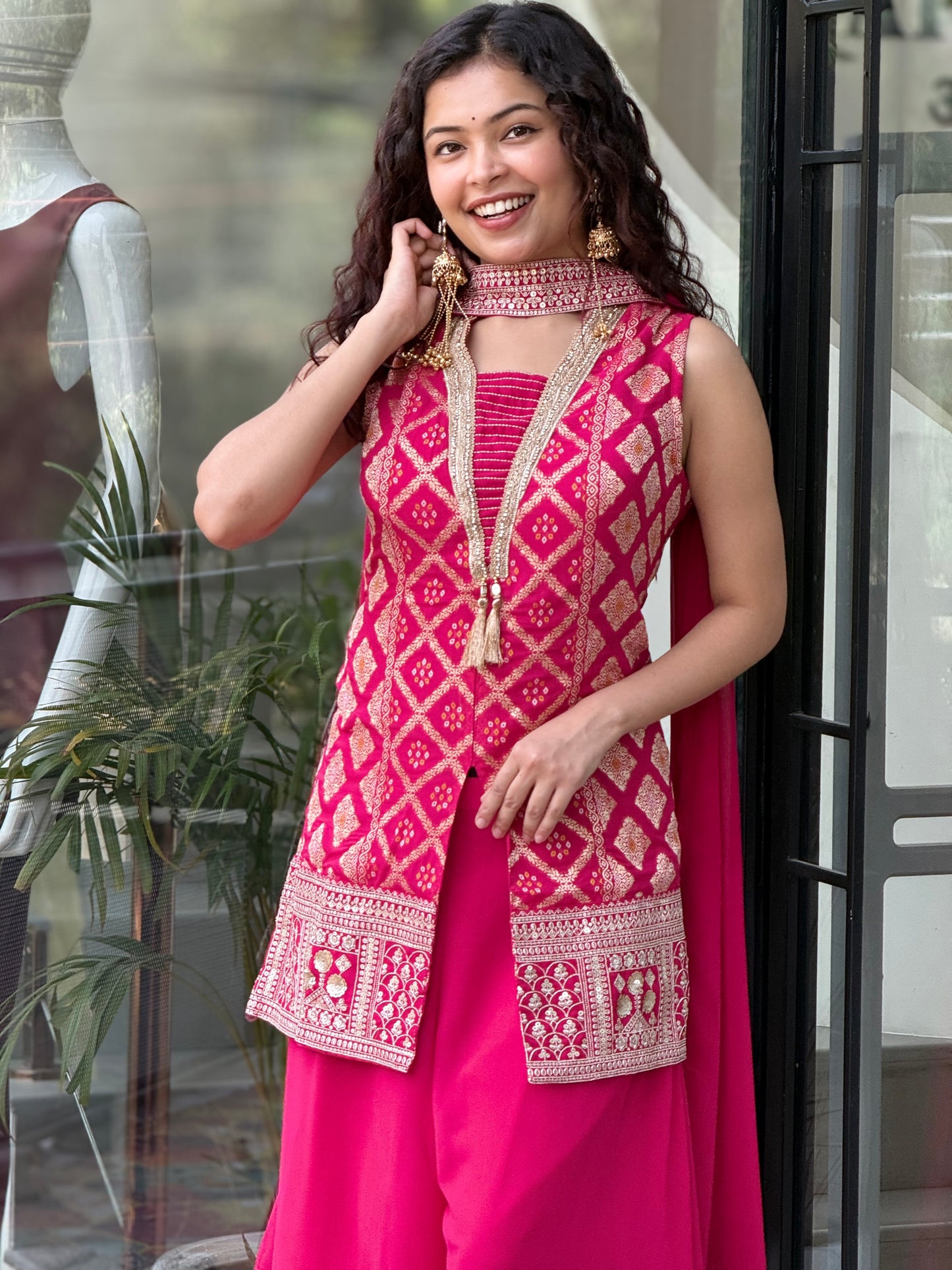 Pink Ethnic Jacket Style Palazzo Set