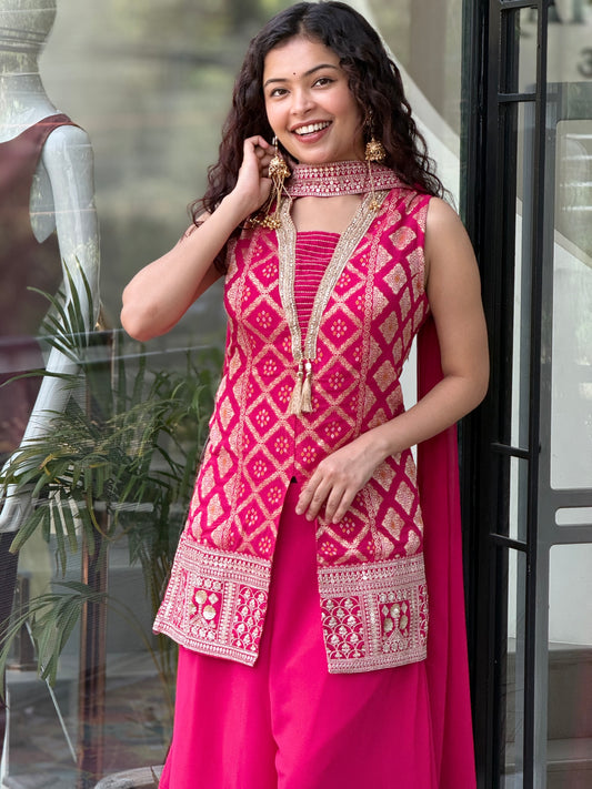 Pink Ethnic Jacket Style Palazzo Set