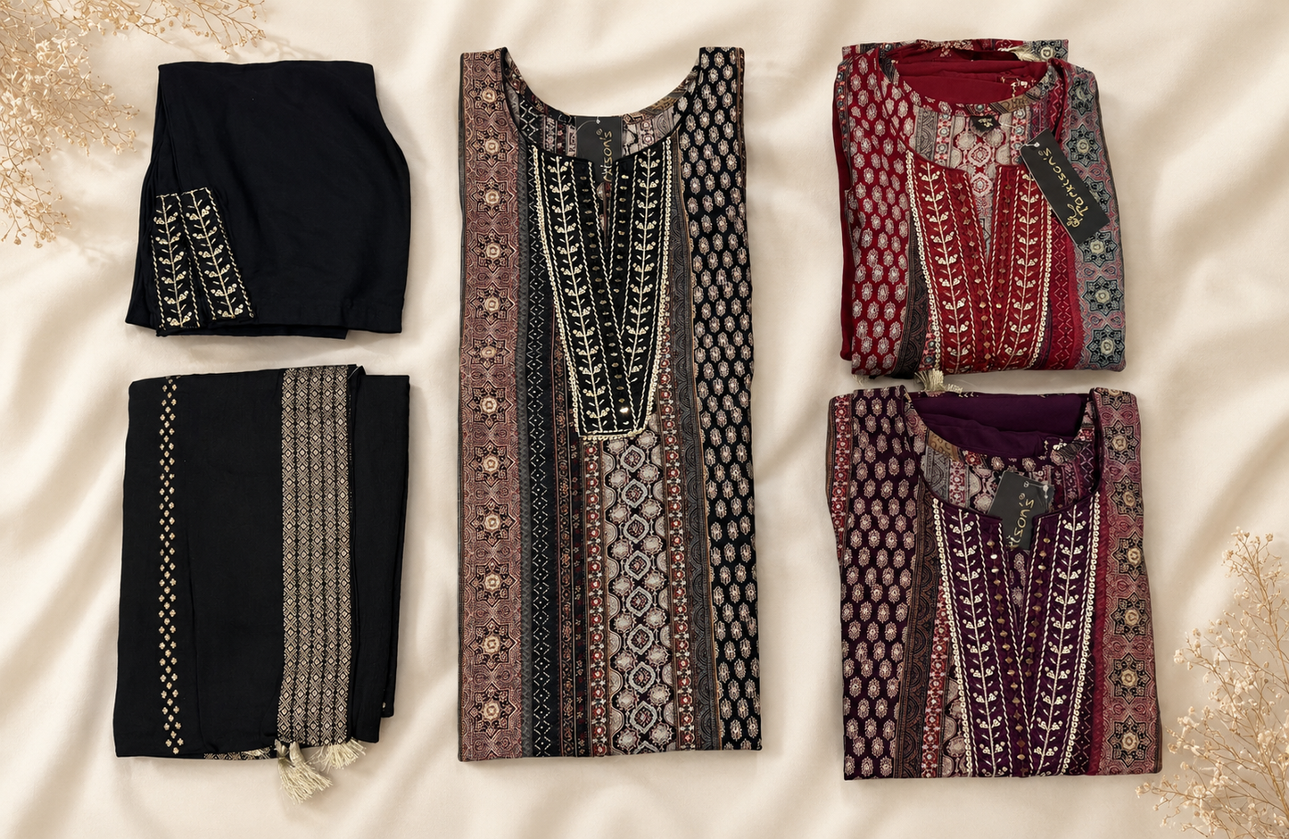 3-Piece Suit Set with Embroidered Neckline