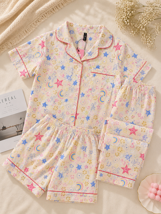 Star, Rainbow floral padded 3 piece night suit set
