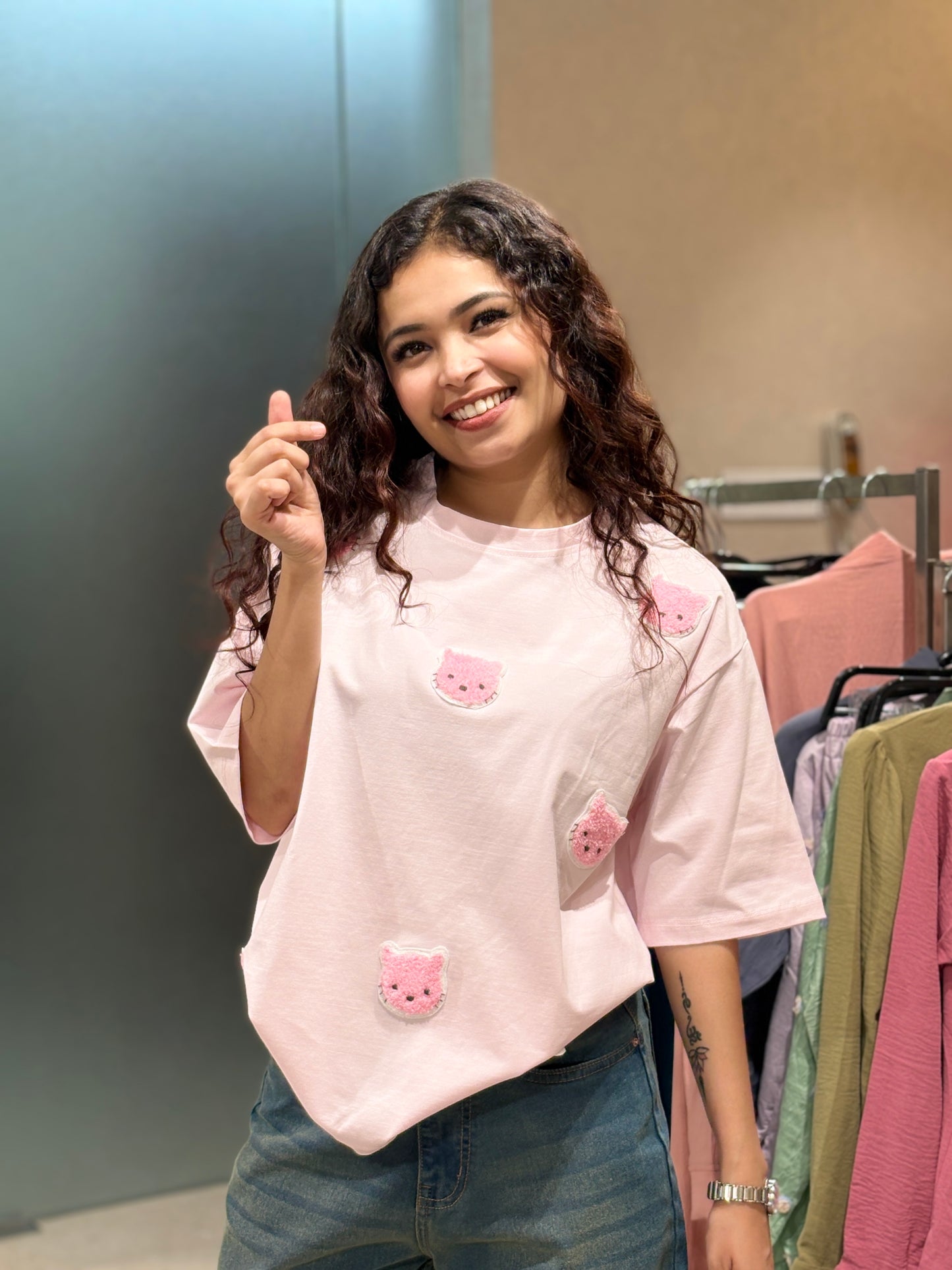 Imported Cute Kitty Patch Oversized T-Shirt for Women