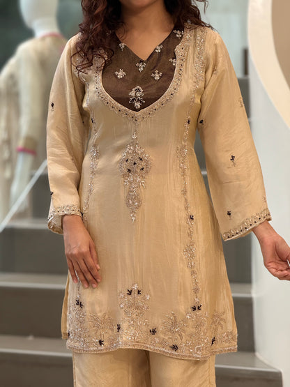 Beige Handwork Three Piece  Kurta Palazzo Set