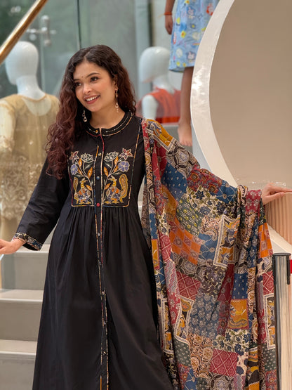 Midnight Black cotton Embroidered Kurta Set with Printed Dupatta