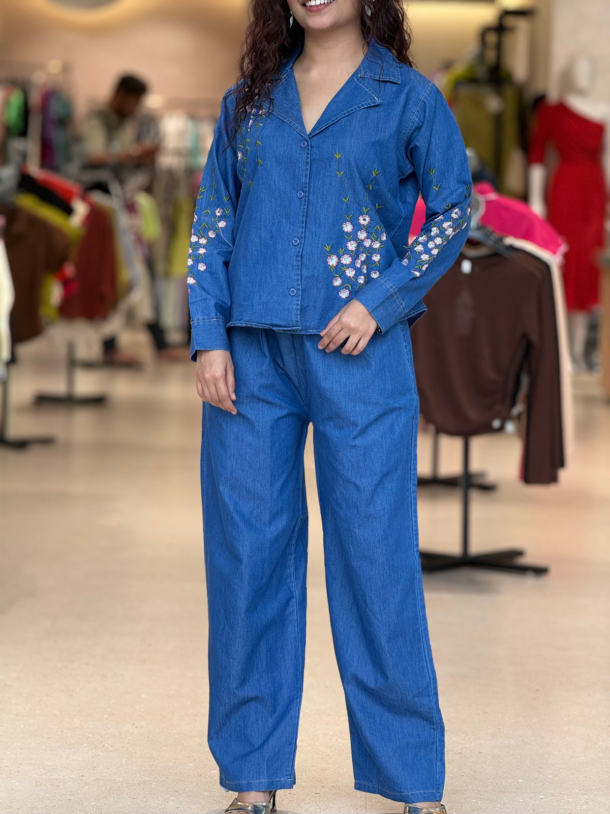 denim floral embroidered co-ord set