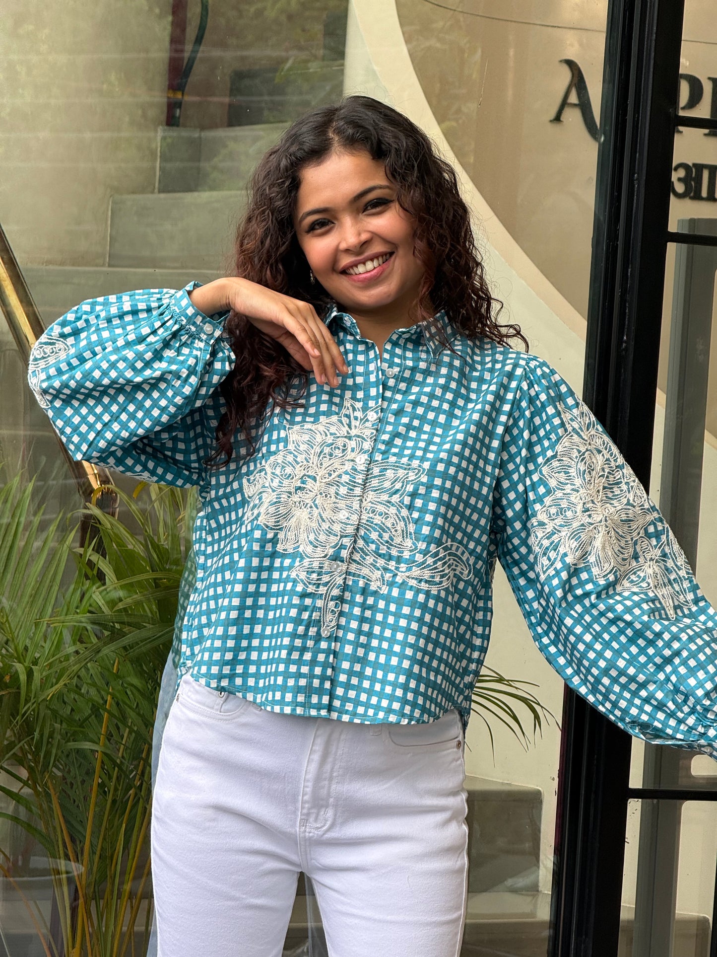 Blue check embroidered shirt