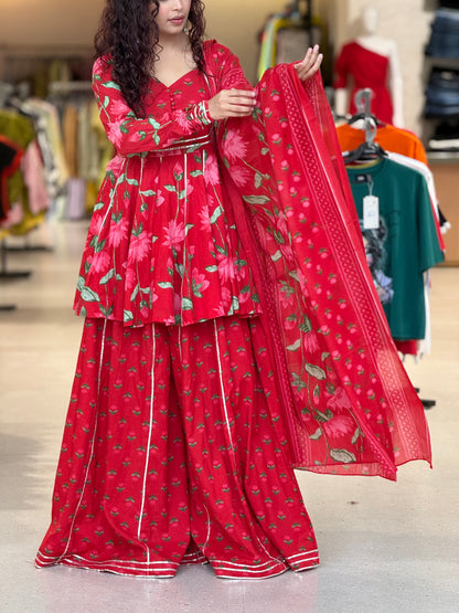 Red peplum crop top and gher plazo with dupatta suit set