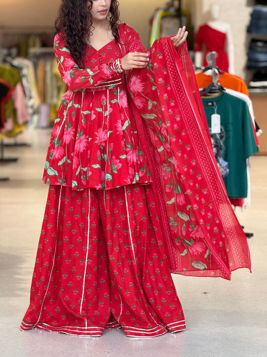 Red peplum crop top and gher plazo with dupatta suit set