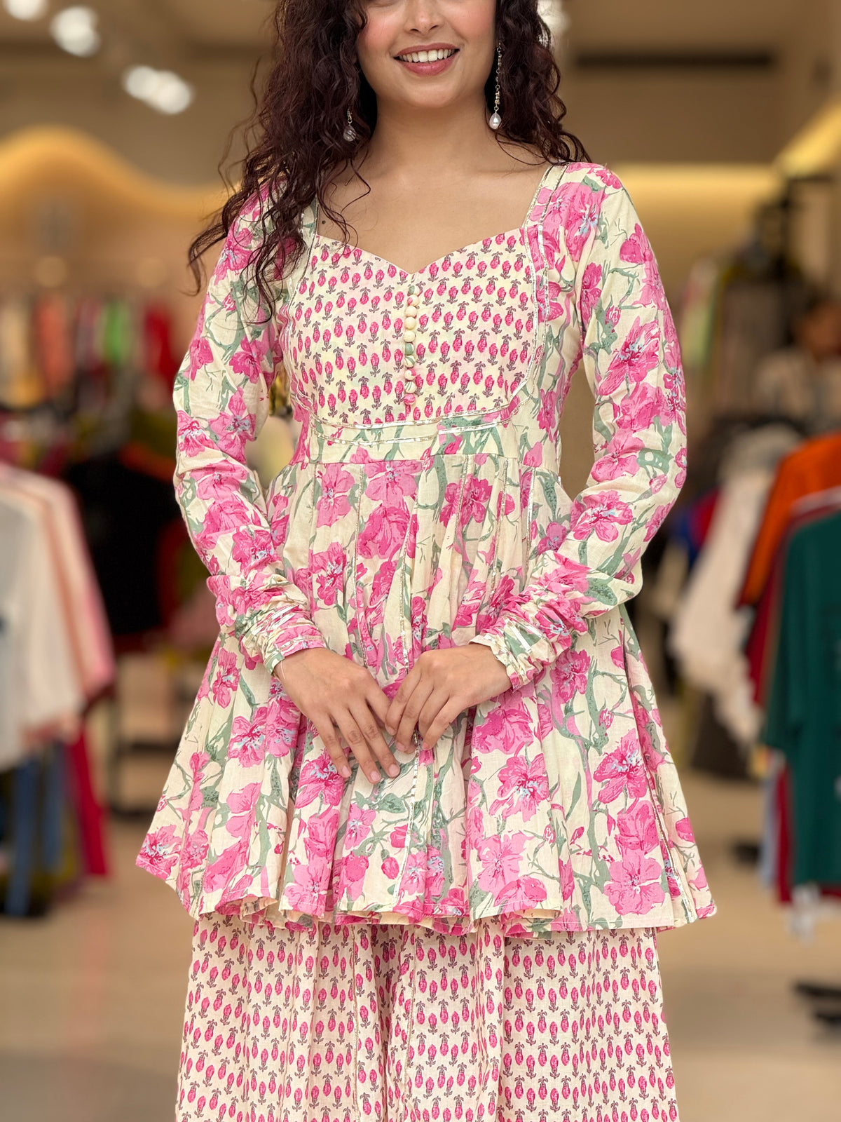 white and pink peplum crop top and gher plazo with dupatta suit set