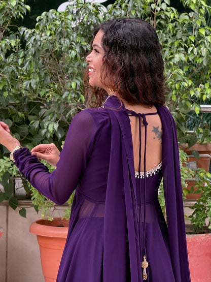 Royal Purple Georgette Anarkali Suit Set with Palazzo & Dupatta