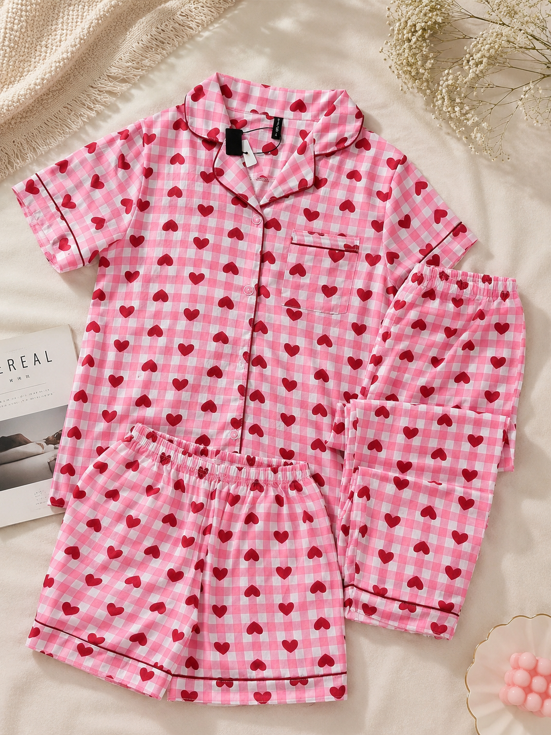 Checks little heart pink padded 3 piece night suit