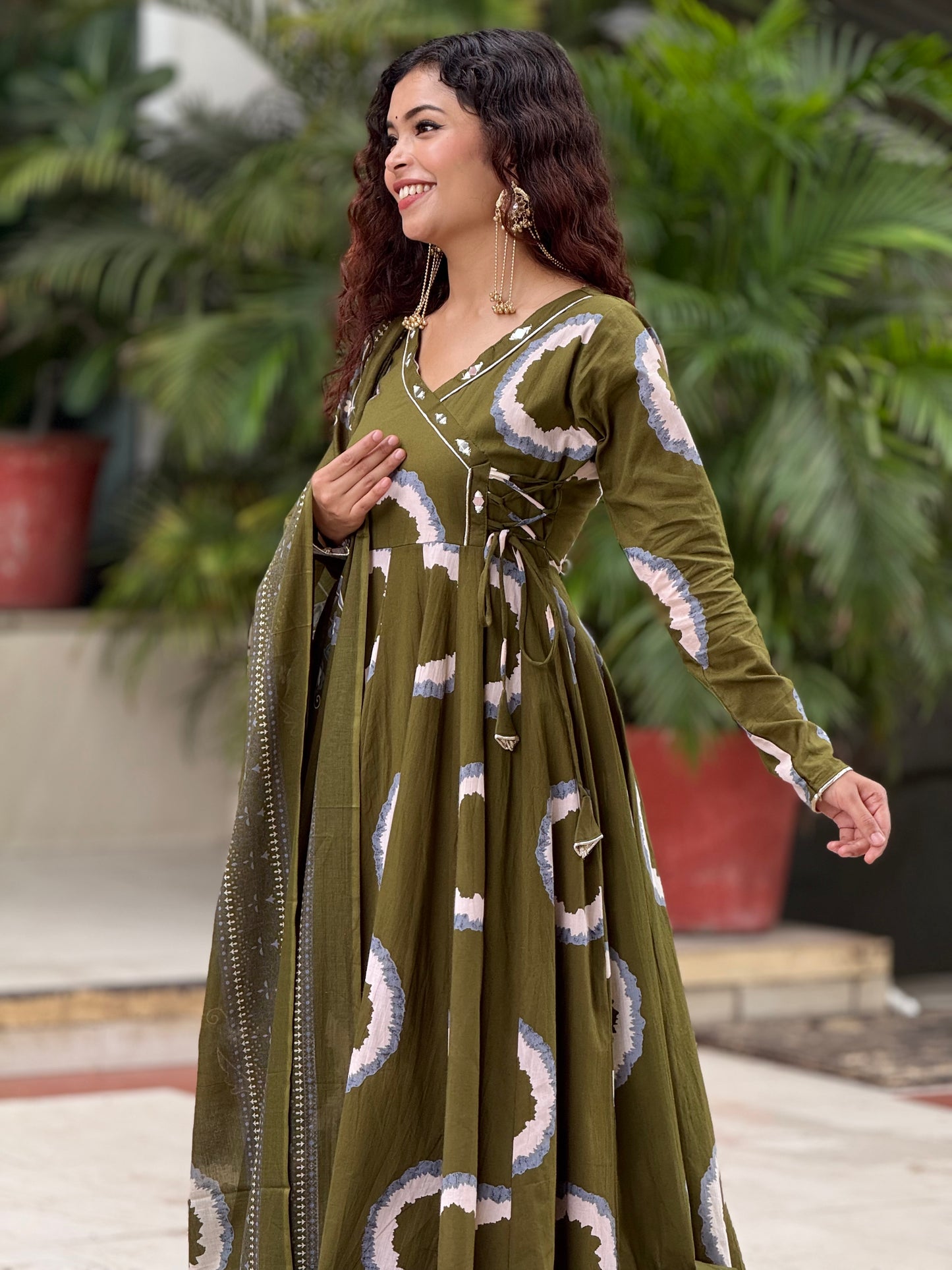 Olive Green Printed Anarkali Kurta Set with Palazzo & Dupatta