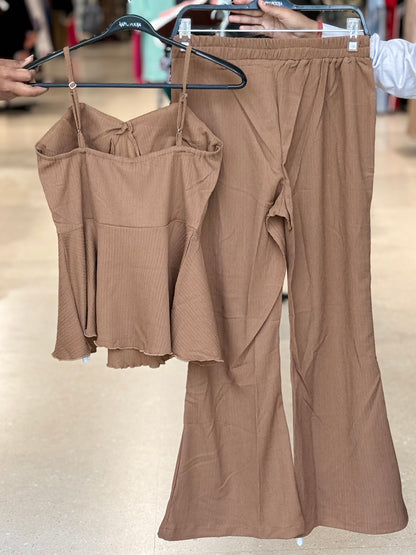 Sweetheart Neck Peplum Top & Flared Pants Co-Ord Set