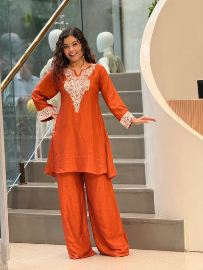 Rust Orange handwork kurta  Palazzo Set