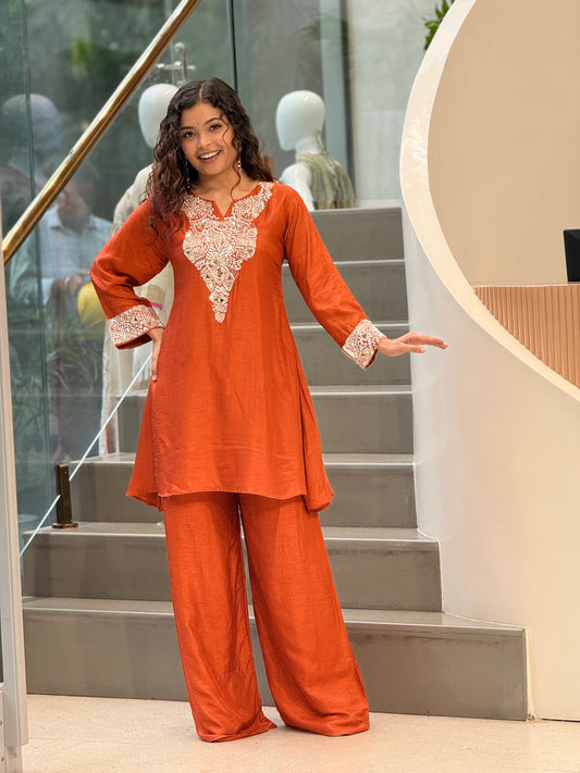 Rust Orange handwork kurta  Palazzo Set