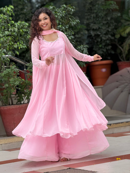 Blush Pink Georgette Anarkali Suit Set with Palazzo & Dupatta