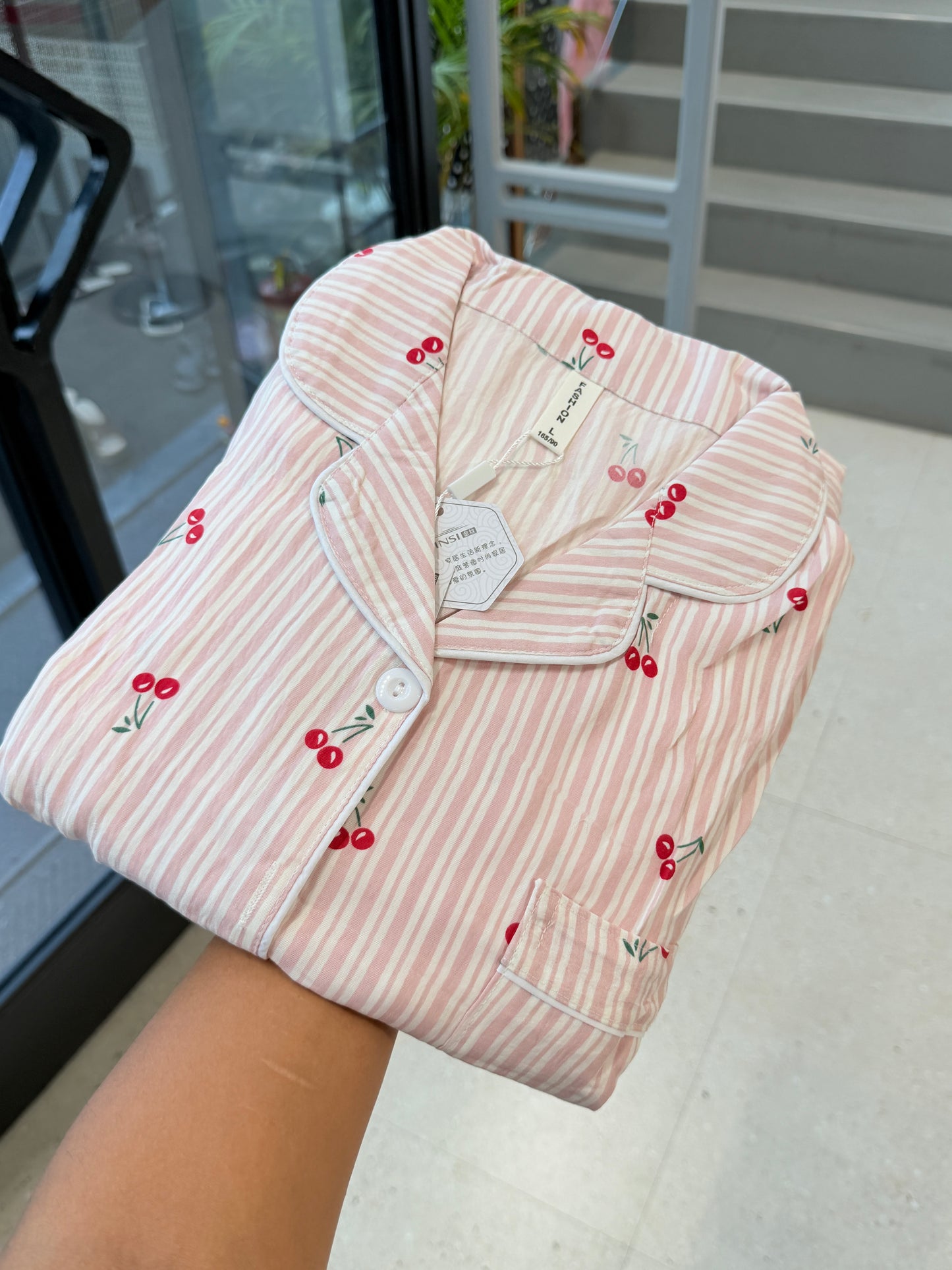 horizontal line with cherry print 3 piece night dress