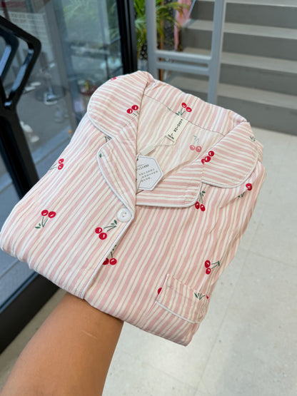 horizontal line with cherry print 3 piece night dress