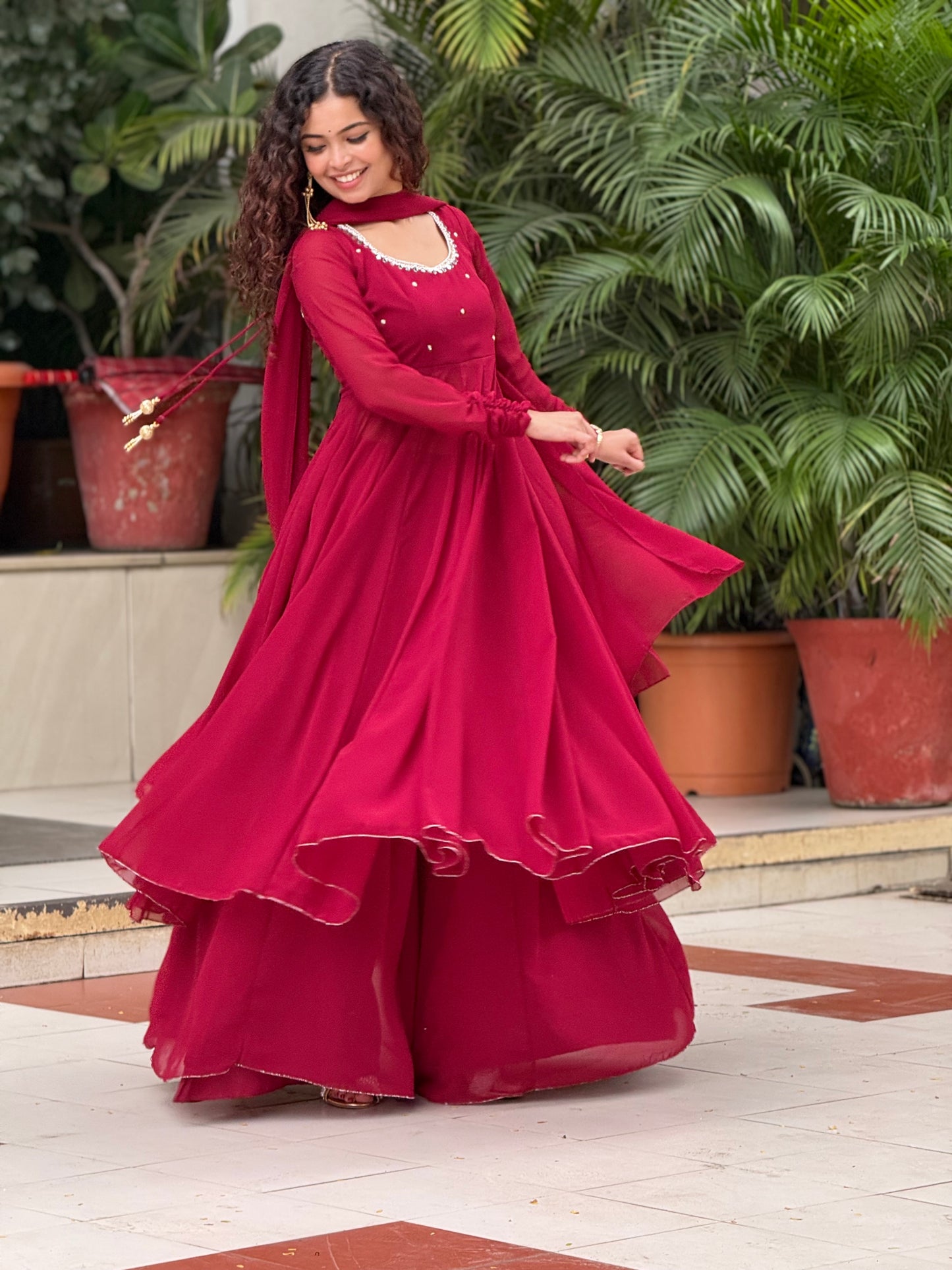 Ruby Red Georgette Anarkali Suit Set with Palazzo & Dupatta