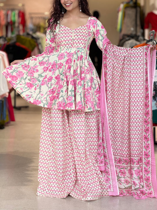 white and pink peplum crop top and gher plazo with dupatta suit set