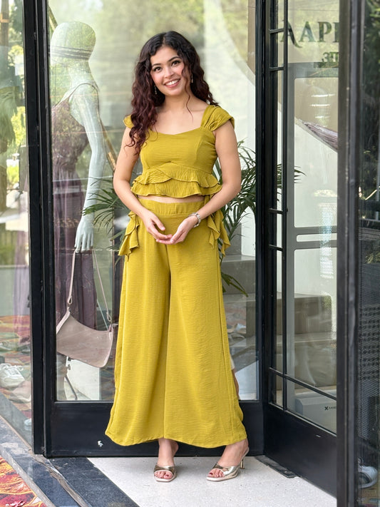 Ruffle Co-Ord Set for Women | Chic Crop Top & Wide-Leg Pants