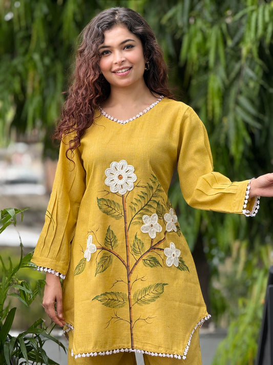 Yellow printed with lace work co-ord set