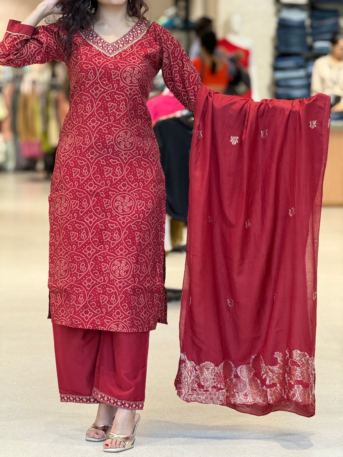 Red v-neck plazo suit set