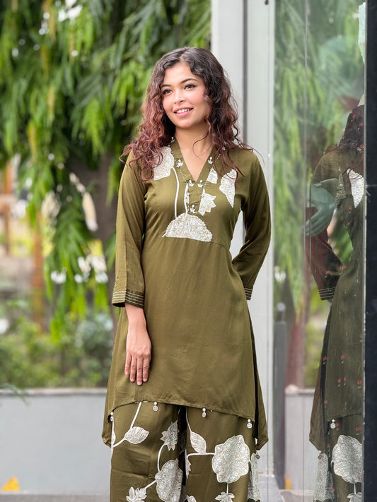 Olive green Printed co-ord set