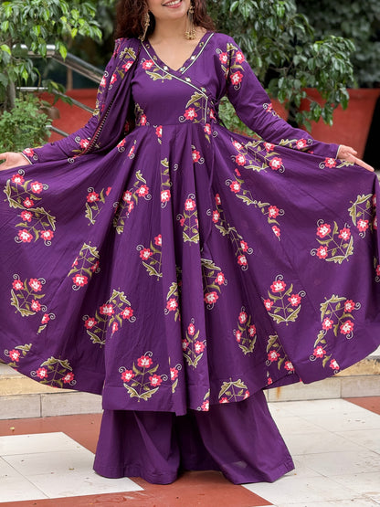 Purple Printed Anarkali Kurta Set with Palazzo & Dupatta