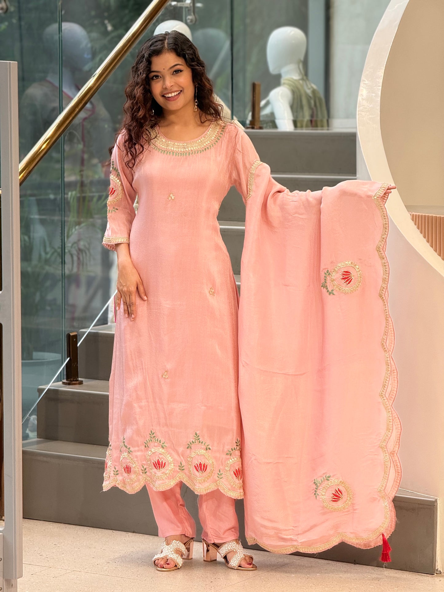 Peach Embroidered Handwork  Suit Set with Dupatta
