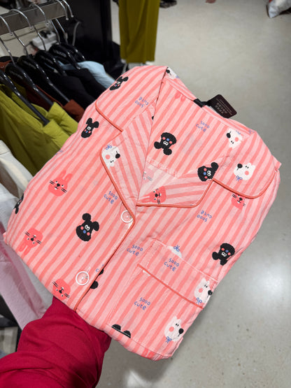 Cute Bunny & Bear Print Pink Striped 3 Piece Women Night Suit Set