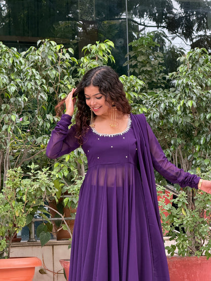 Royal Purple Georgette Anarkali Suit Set with Palazzo & Dupatta