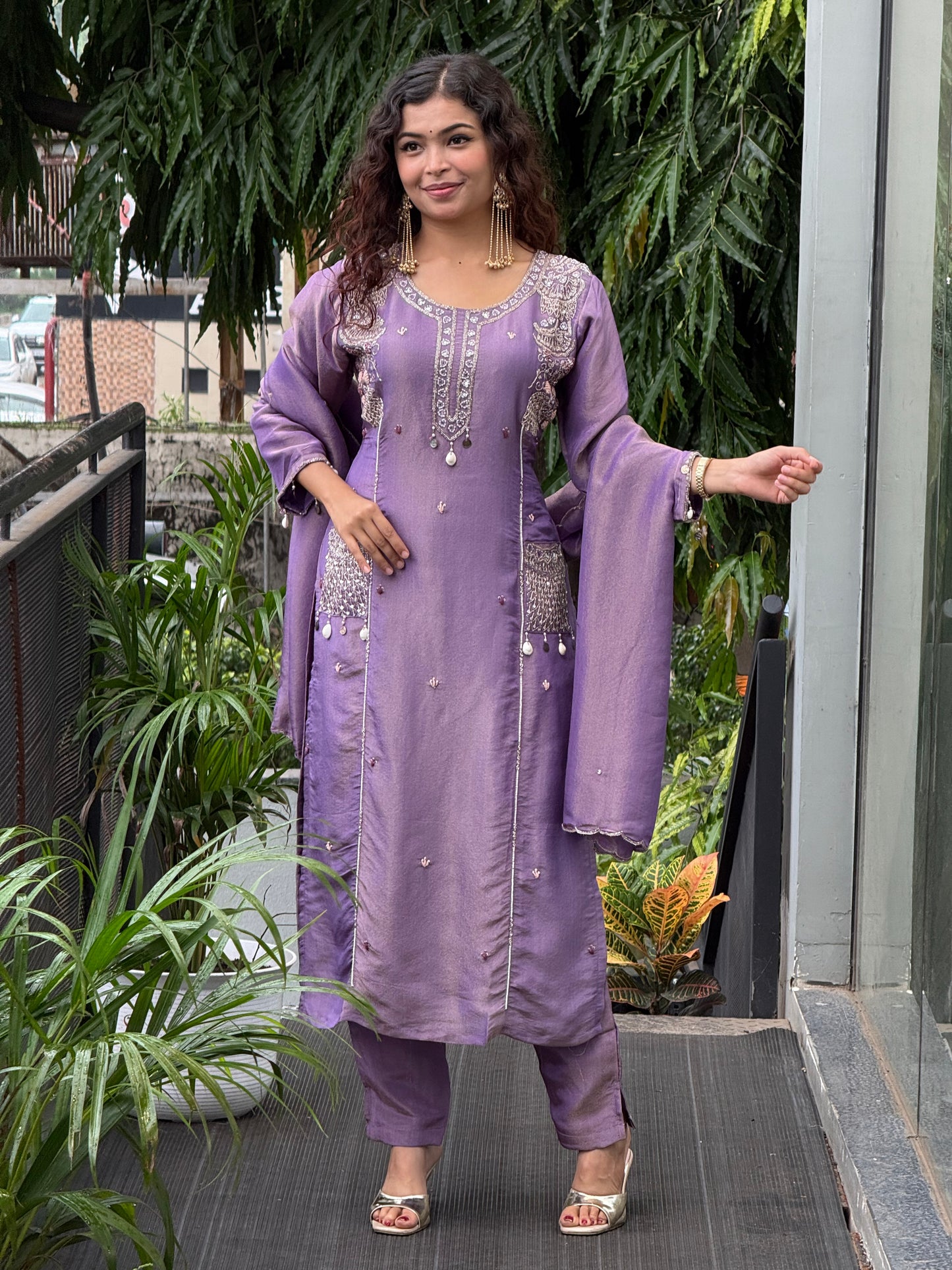 Lavender stone work 3 piece suit set