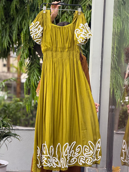 Puff sleeve thread embroidered full length dress