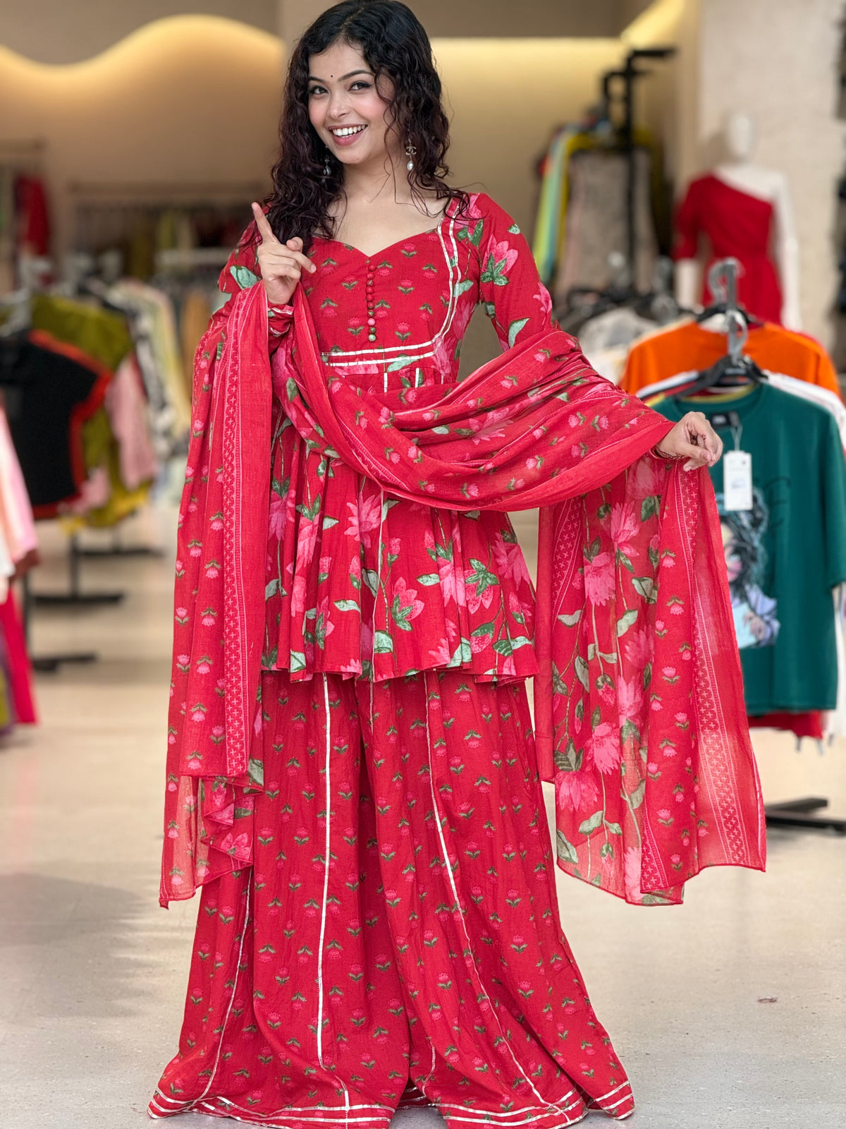 Red peplum crop top and gher plazo with dupatta suit set