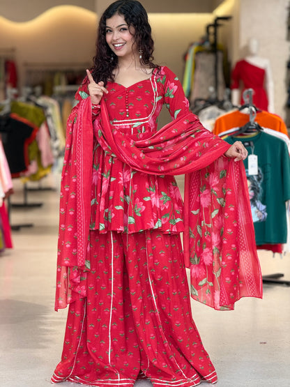 Red peplum crop top and gher plazo with dupatta suit set