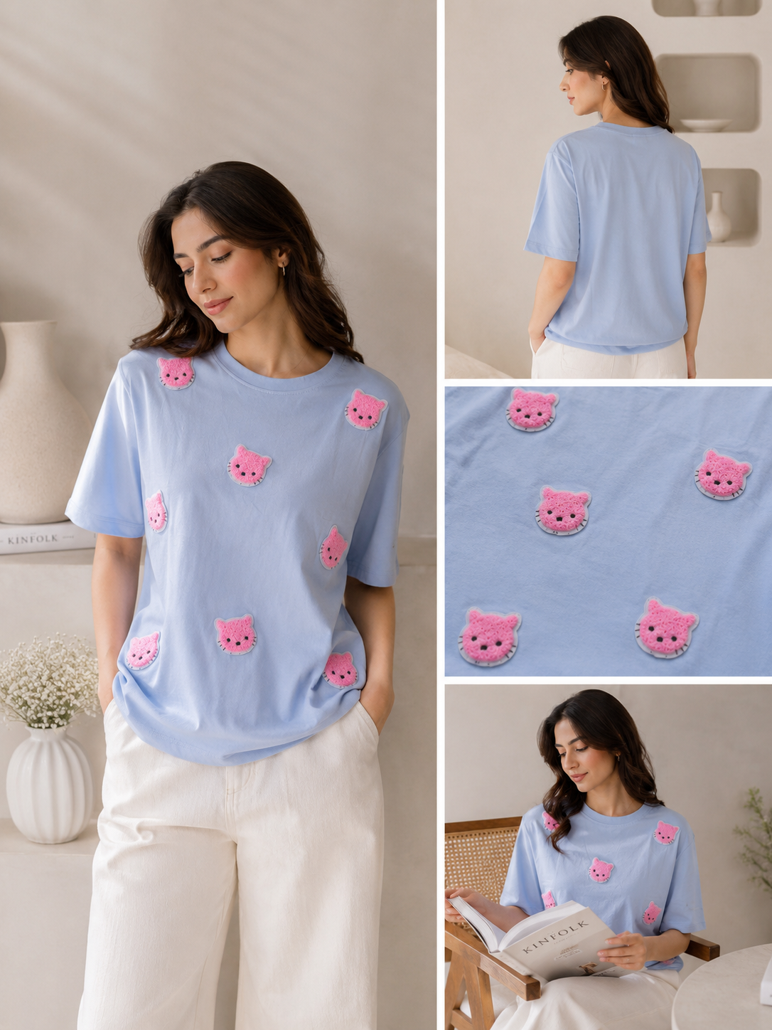 Imported Cute Kitty Patch Oversized T-Shirt for Women