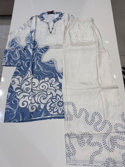 Blue & White traditional print kaftan ser with palazzo pants