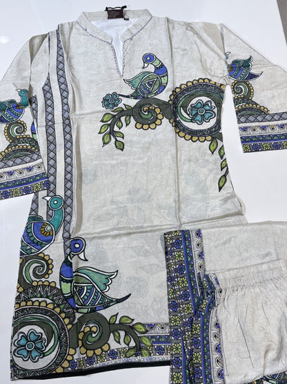 White peacock print kurti & palazzo ser-Ethnic co-ord set