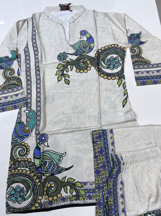 White peacock print kurti & palazzo ser-Ethnic co-ord set