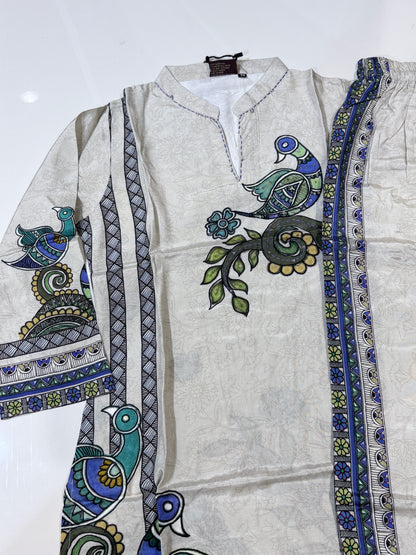 White peacock print kurti & palazzo ser-Ethnic co-ord set