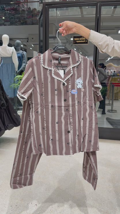 Chocolate brown dog print 3 piece night suit set