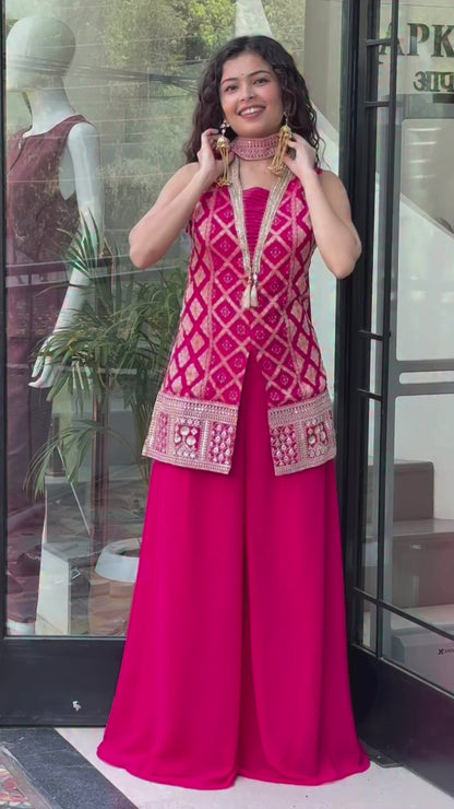 Pink Ethnic Jacket Style Palazzo Set