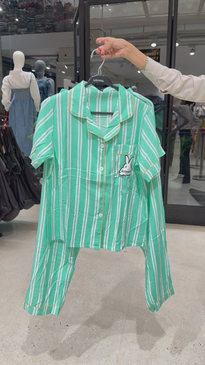 Rabit patch Green with white horizontal line 3 piece night suit set