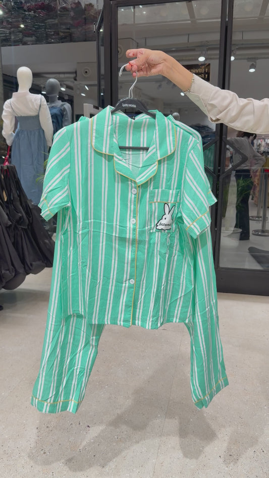 Rabit patch Green with white horizontal line 3 piece night suit set