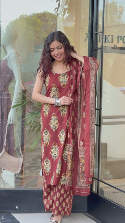 Rust Brown Pure Cotton Printed 3-Piece Suit Set for Women | Kurta, Pants & Dupatta