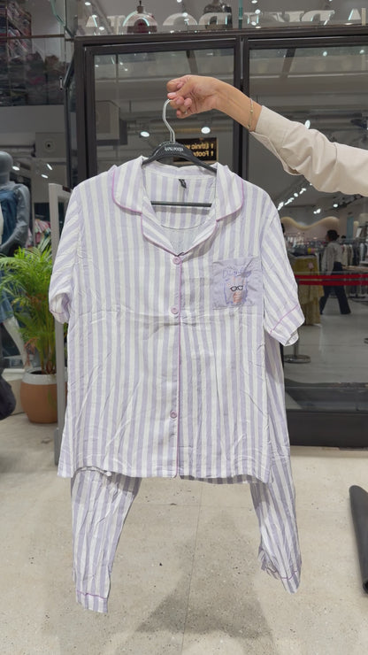 Lavender and white horizontal line 3 piece night suit set
