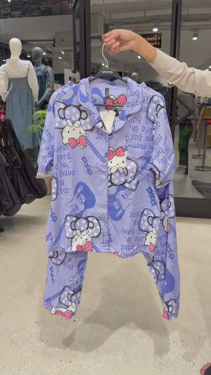 Lavender kitty print 3 piece night suit set