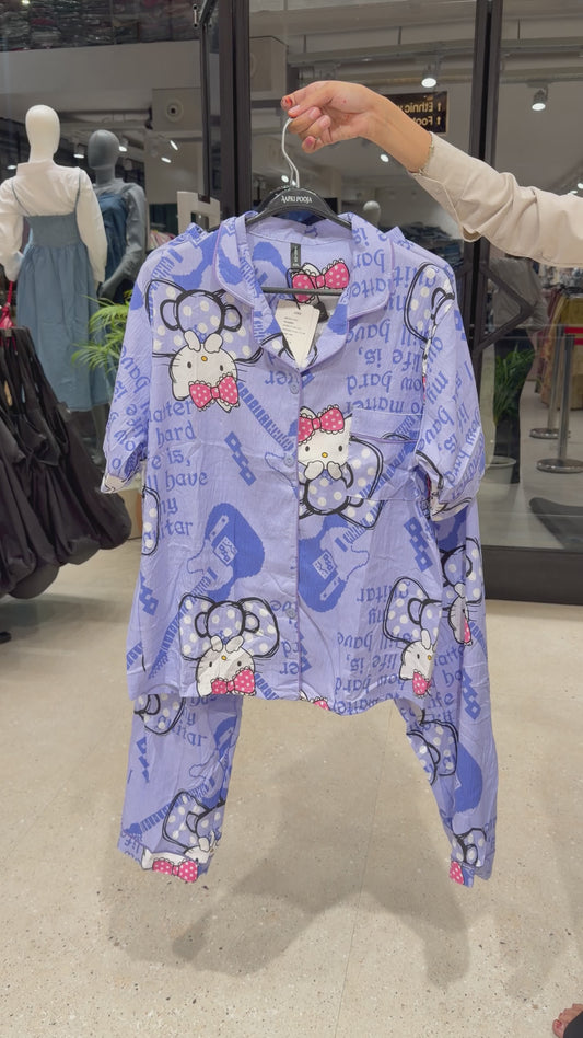 Lavender kitty print 3 piece night suit set