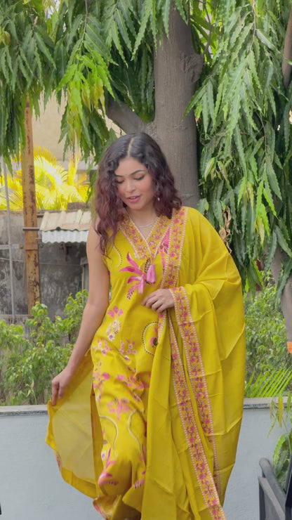 Mustard Yellow Pure Cotton Floral Printed 3-Piece Suit Set for Women | Kurta, Pants & Dupatta